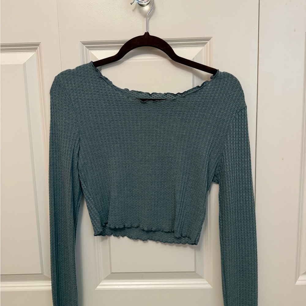 SHEIN Green Ribbed Long Sleeve Crop Top